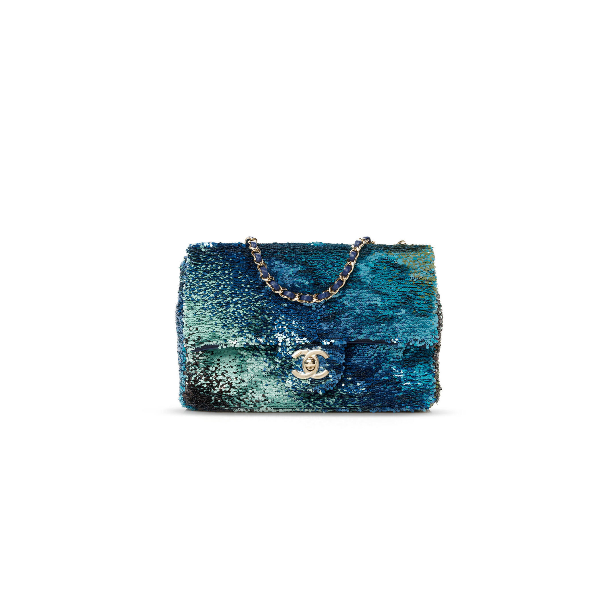 CHANEL MASTER SHADED SEQUINS MINI FLAP LIGHT GREEN DARK BROWN WHITE BLUE 1585379 (20*14*7cm)